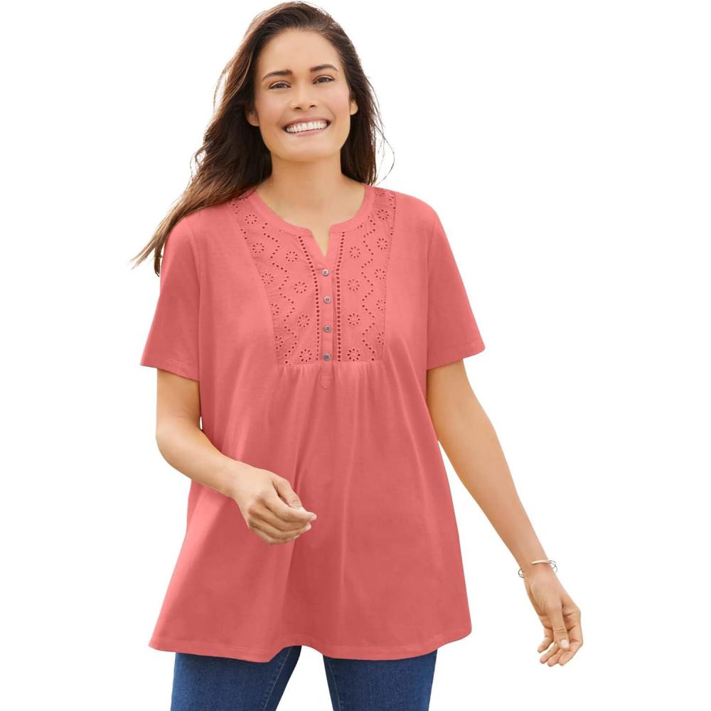 image:imageWoman Within Plus Size Eyelet Henley TeeSweet Coral