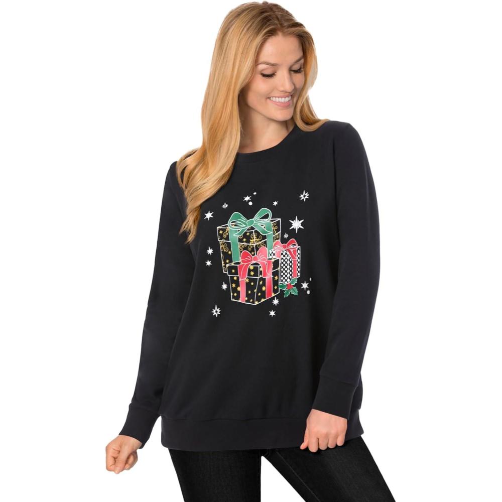 image:imageWoman Within Plus Size Fleece Holiday SweatshirtBlack Multi Presents