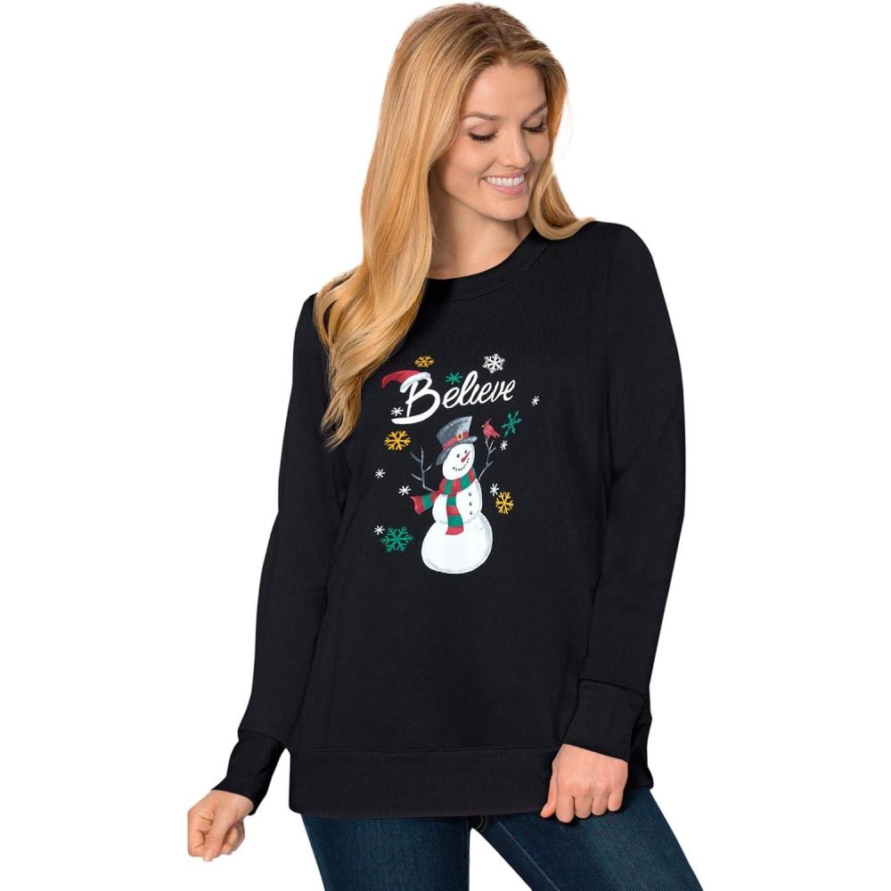 image:imageWoman Within Plus Size Fleece Holiday SweatshirtBlack Snowman