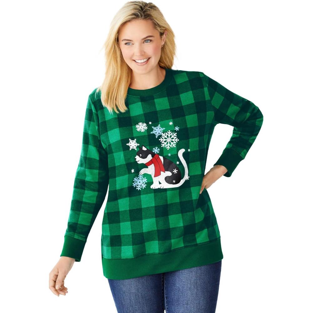 image:imageWoman Within Plus Size Fleece Holiday SweatshirtEmerald Cat