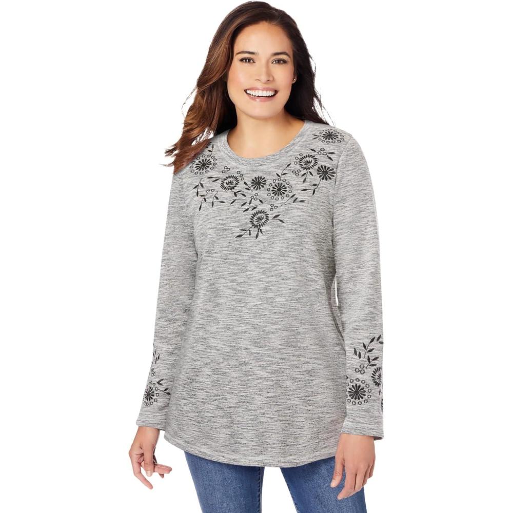 image:imageWoman Within Plus Size Floral Embroidered Sweatshirt TeeBlack Marled Embroidery