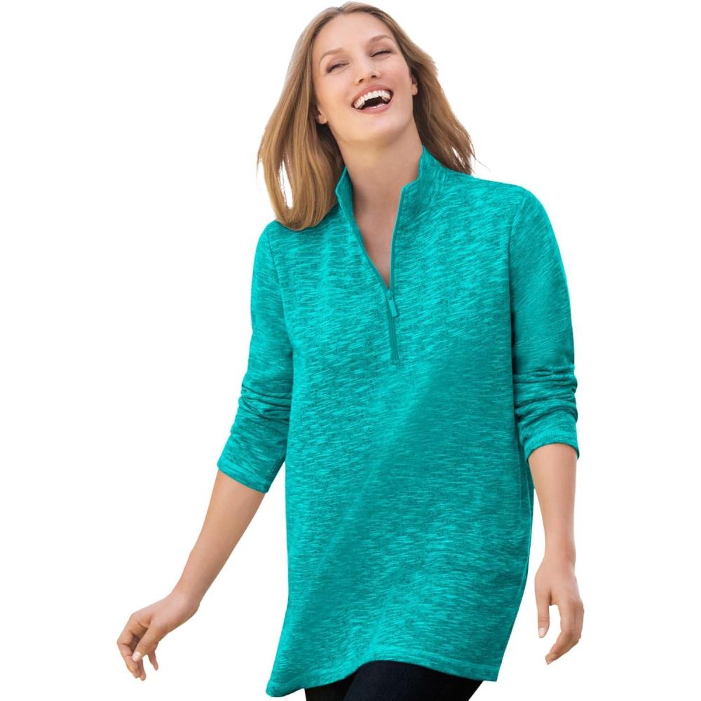 image:imageWoman Within Plus Size French Terry QuarterZip SweatshirtAquamarine Marled