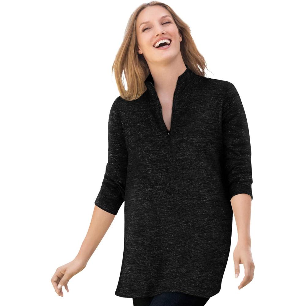 image:imageWoman Within Plus Size French Terry QuarterZip SweatshirtBlack Marled