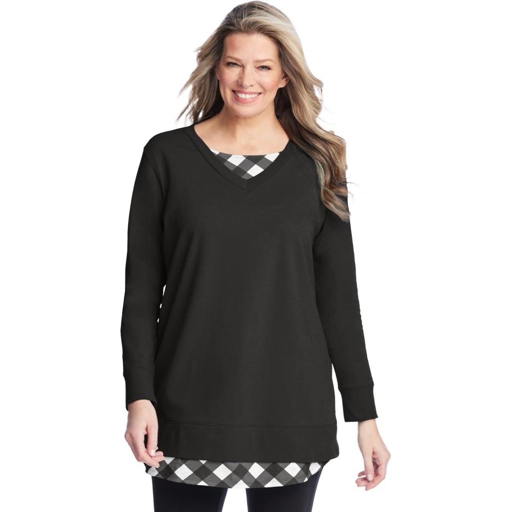 image:imageWoman Within Plus Size Layered Look SweatshirtBlack Plaid
