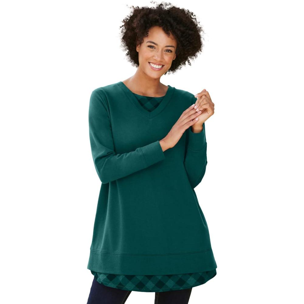 image:imageWoman Within Plus Size Layered Look SweatshirtEmerald Green Plaid