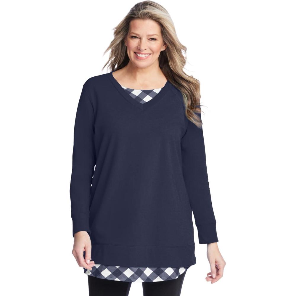 image:imageWoman Within Plus Size Layered Look SweatshirtNavy Plaid