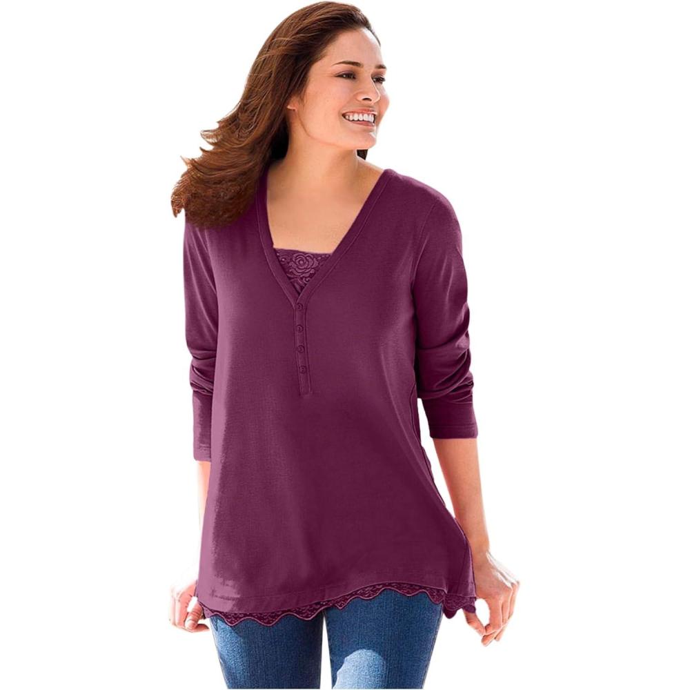 image:imageWoman Within Plus Size LayeredLook Lace Trim TeeDeep Claret