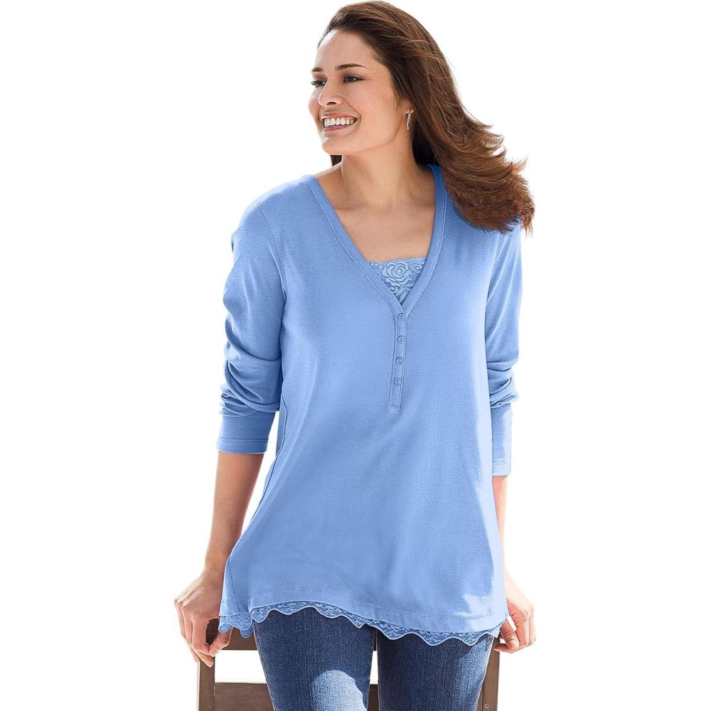 image:imageWoman Within Plus Size LayeredLook Lace Trim TeeFrench Blue