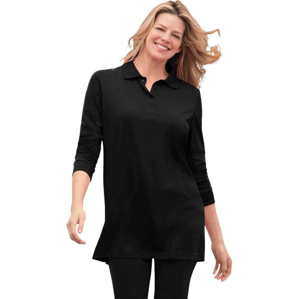 image:imageWoman Within Plus Size LongSleeve Polo ShirtBlack