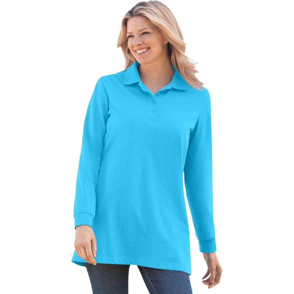 image:imageWoman Within Plus Size LongSleeve Polo ShirtParadise Blue