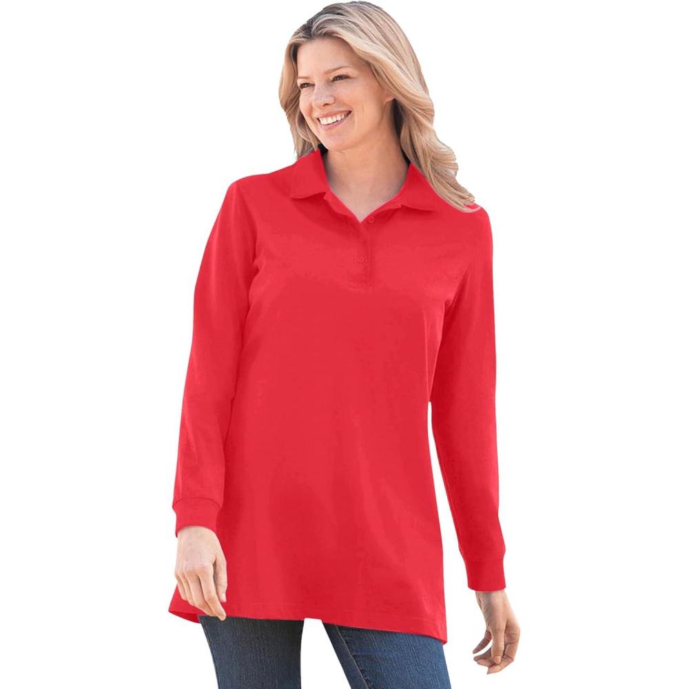 image:imageWoman Within Plus Size LongSleeve Polo ShirtVivid Red