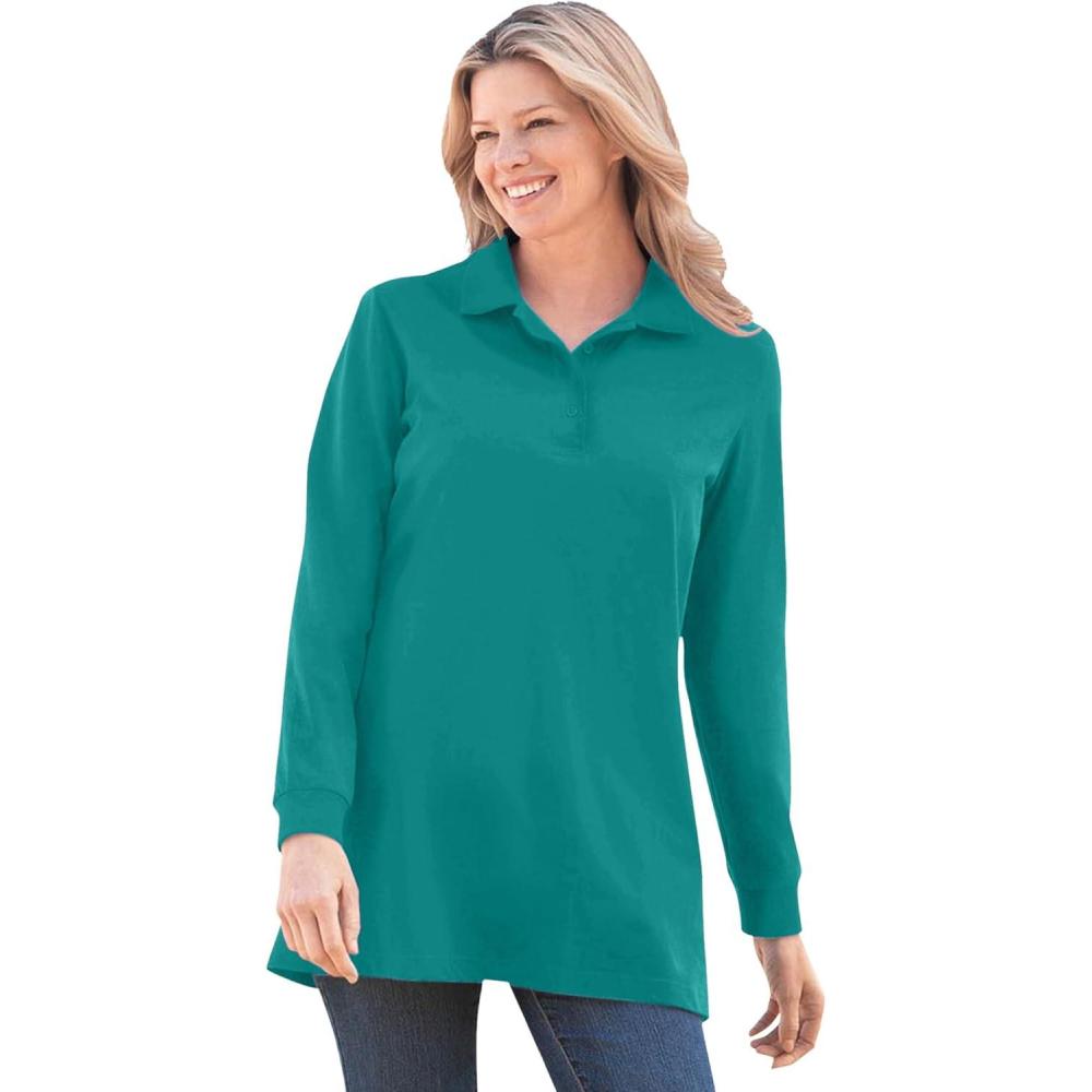 image:imageWoman Within Plus Size LongSleeve Polo ShirtWaterfall