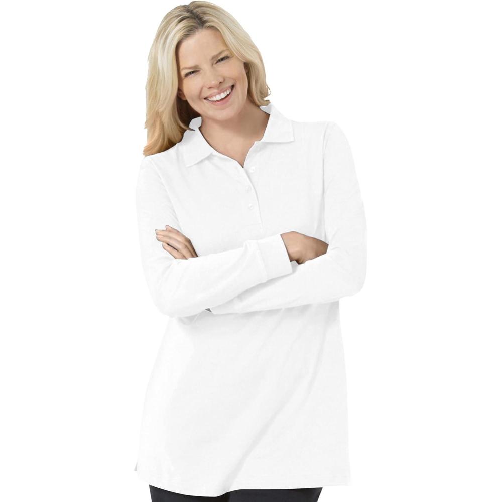 image:imageWoman Within Plus Size LongSleeve Polo ShirtWhite