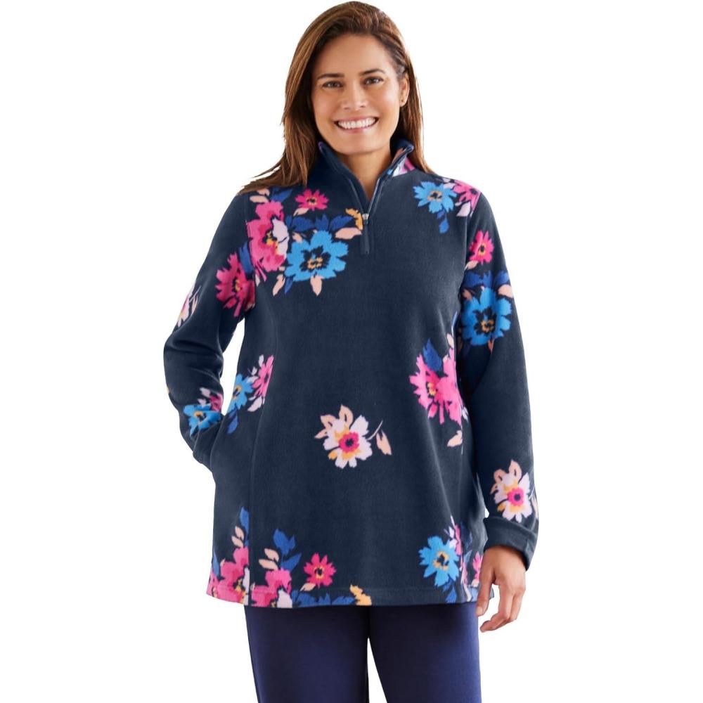 image:imageWoman Within Plus Size Microfleece QuarterZip PulloverNavy Graphic Floral