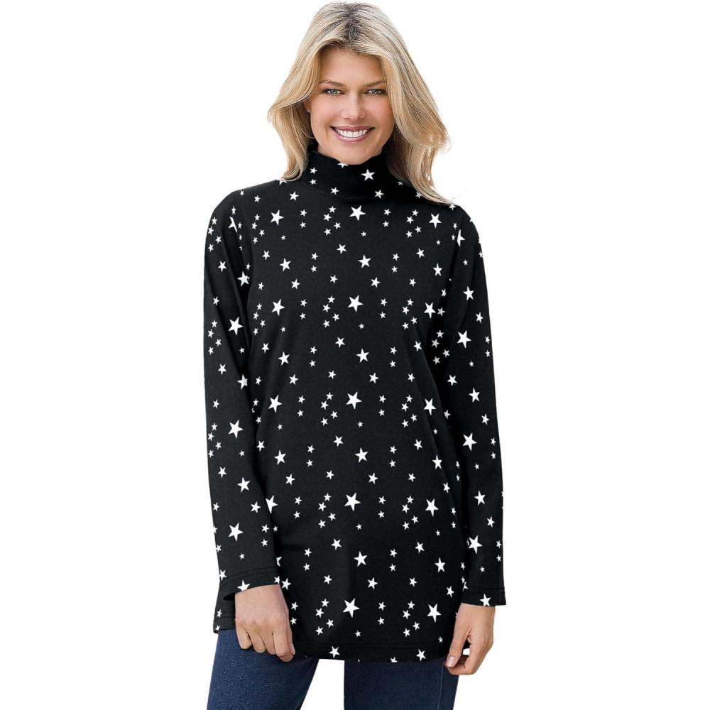 image:imageWoman Within Plus Size Mockneck LongSleeve TunicBlack White Stars