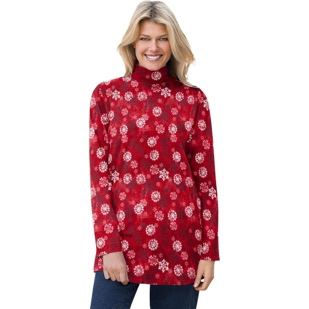 image:imageWoman Within Plus Size Mockneck LongSleeve TunicClassic Red Snowflakes