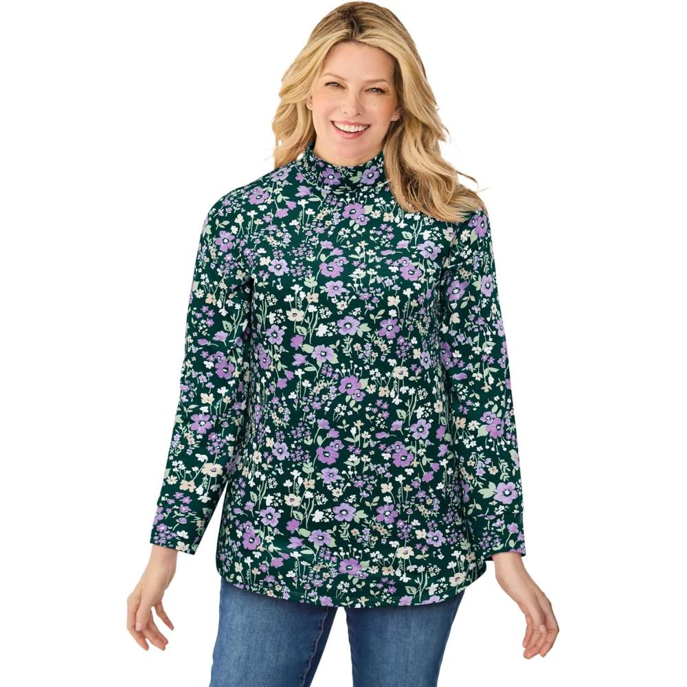 image:imageWoman Within Plus Size Mockneck LongSleeve TunicEmerald Green Field Floral