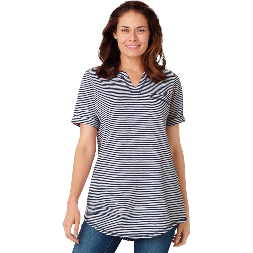 image:imageWoman Within Plus Size NotchNeck Pocket TeeNavy Stripe