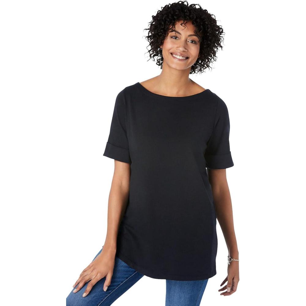 image:imageWoman Within Plus Size Perfect Cuffed ElbowSleeve BoatNeck TeeBlack
