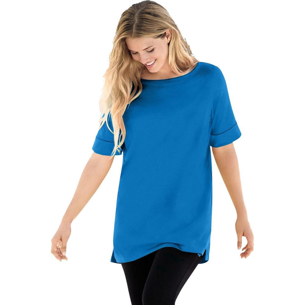 image:imageWoman Within Plus Size Perfect Cuffed ElbowSleeve BoatNeck TeeBright Cobalt