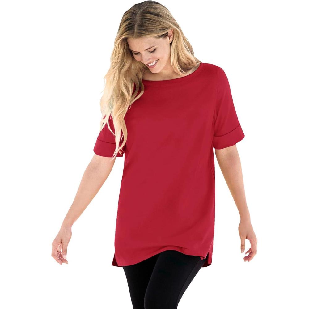 image:imageWoman Within Plus Size Perfect Cuffed ElbowSleeve BoatNeck TeeClassic Red