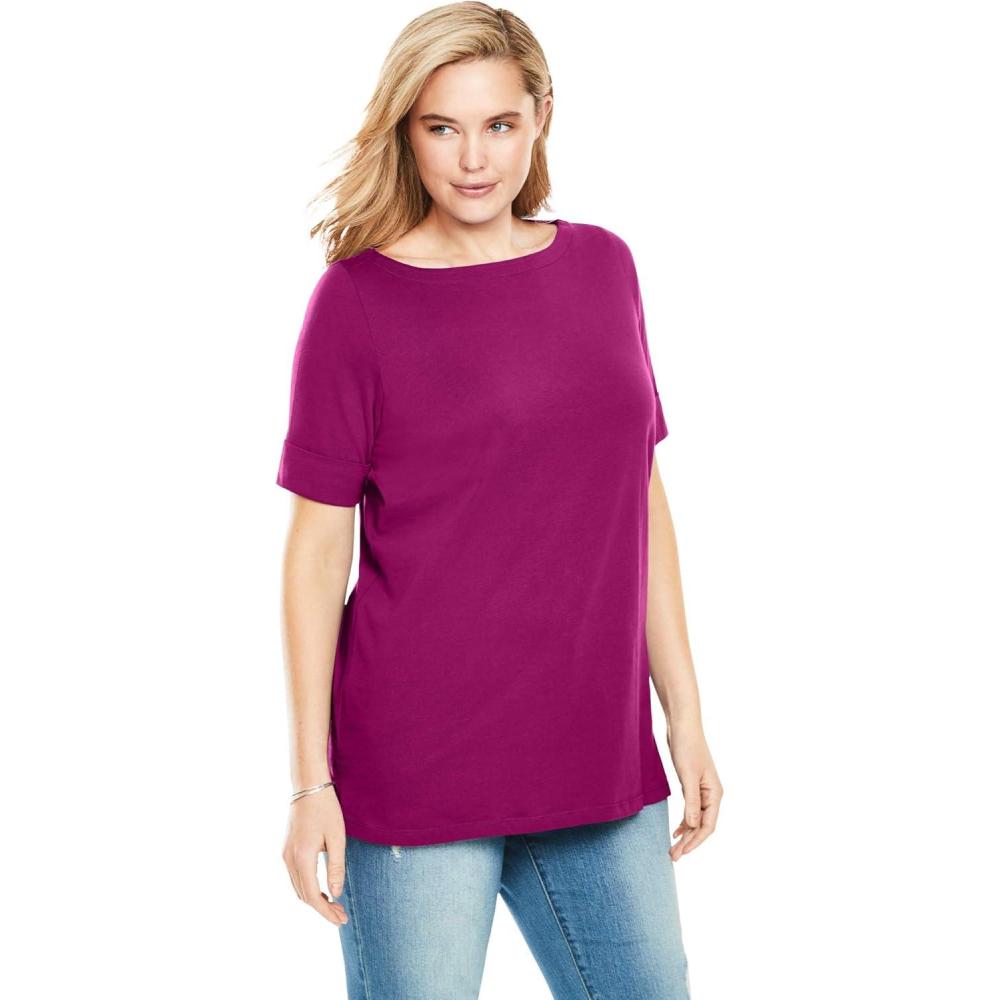 image:imageWoman Within Plus Size Perfect Cuffed ElbowSleeve BoatNeck TeeRaspberry