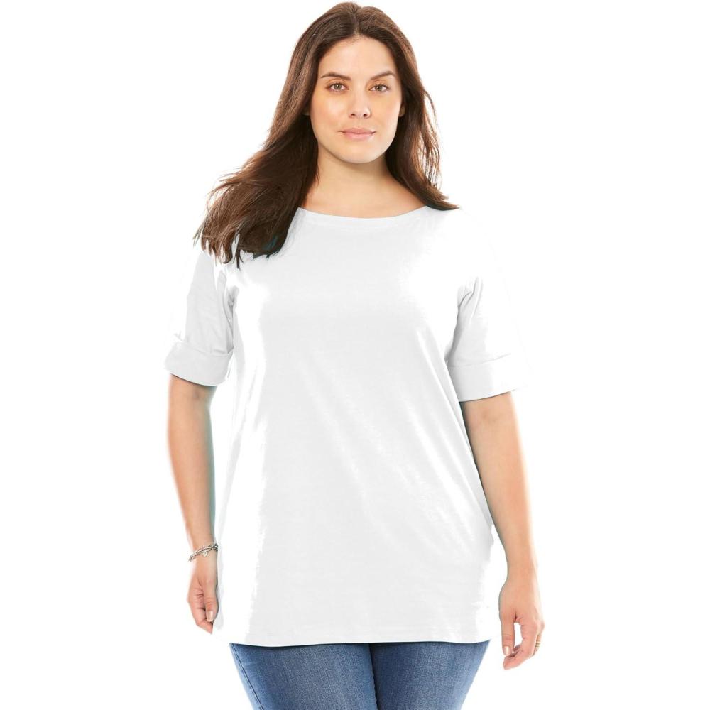 image:imageWoman Within Plus Size Perfect Cuffed ElbowSleeve BoatNeck TeeWhite