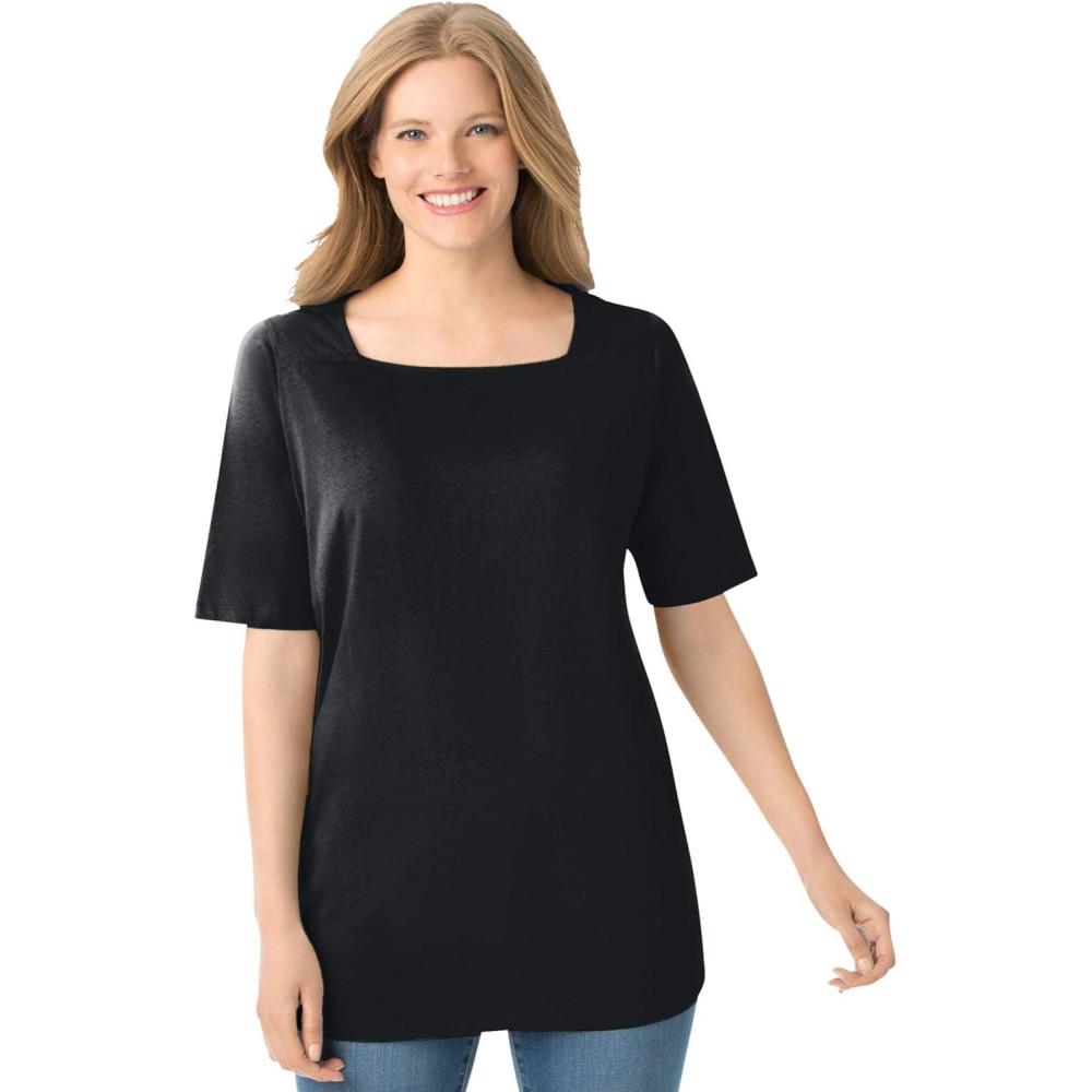 image:imageWoman Within Plus Size Perfect ElbowSleeve SquareNeck TeeBlack