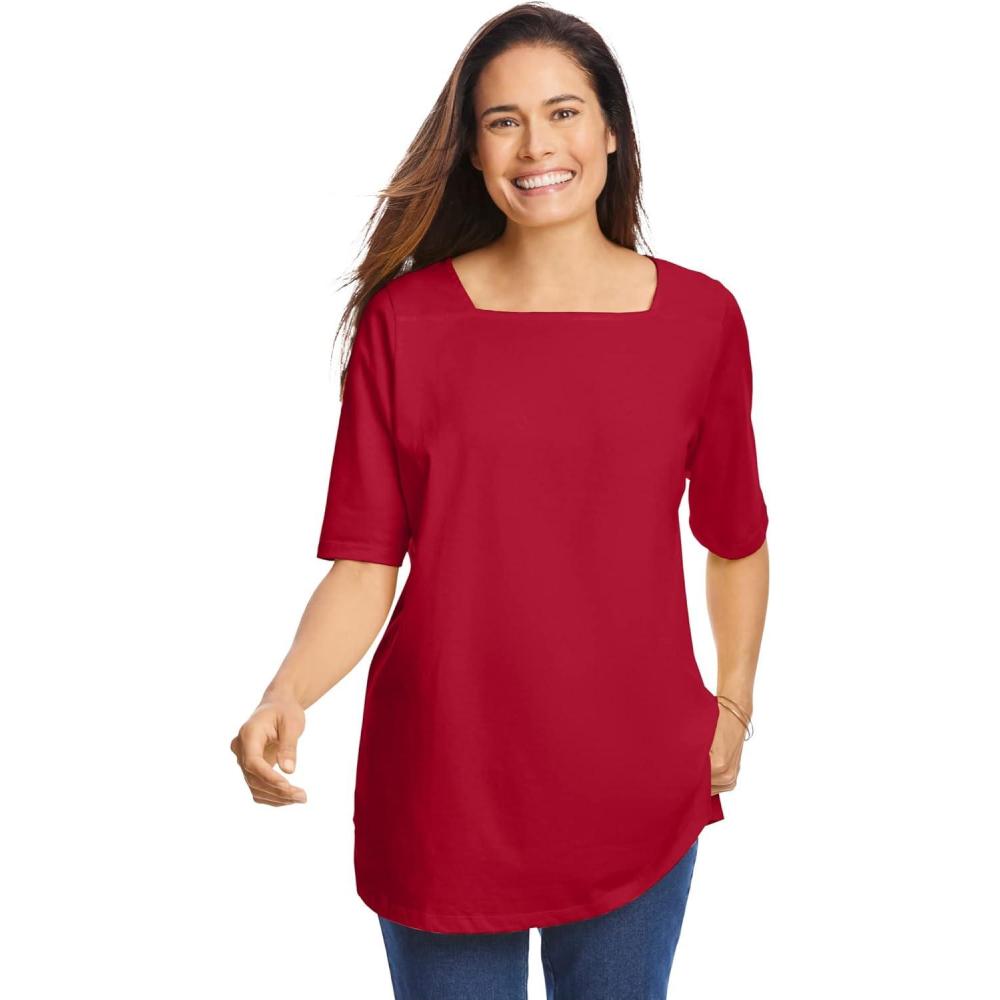 image:imageWoman Within Plus Size Perfect ElbowSleeve SquareNeck TeeClassic Red