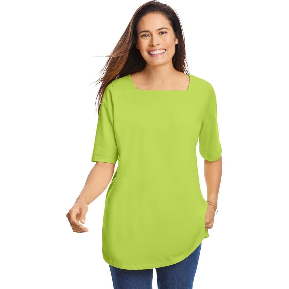 image:imageWoman Within Plus Size Perfect ElbowSleeve SquareNeck TeeLime