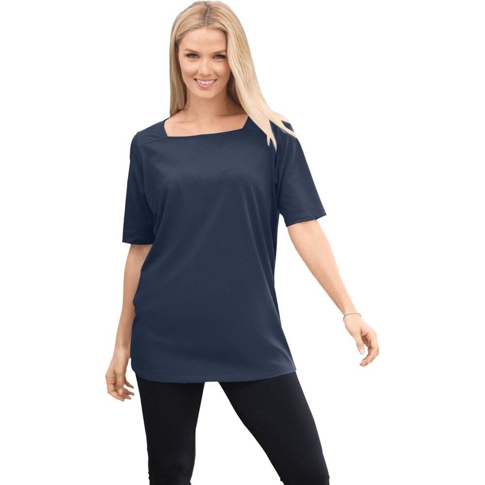 image:imageWoman Within Plus Size Perfect ElbowSleeve SquareNeck TeeNavy