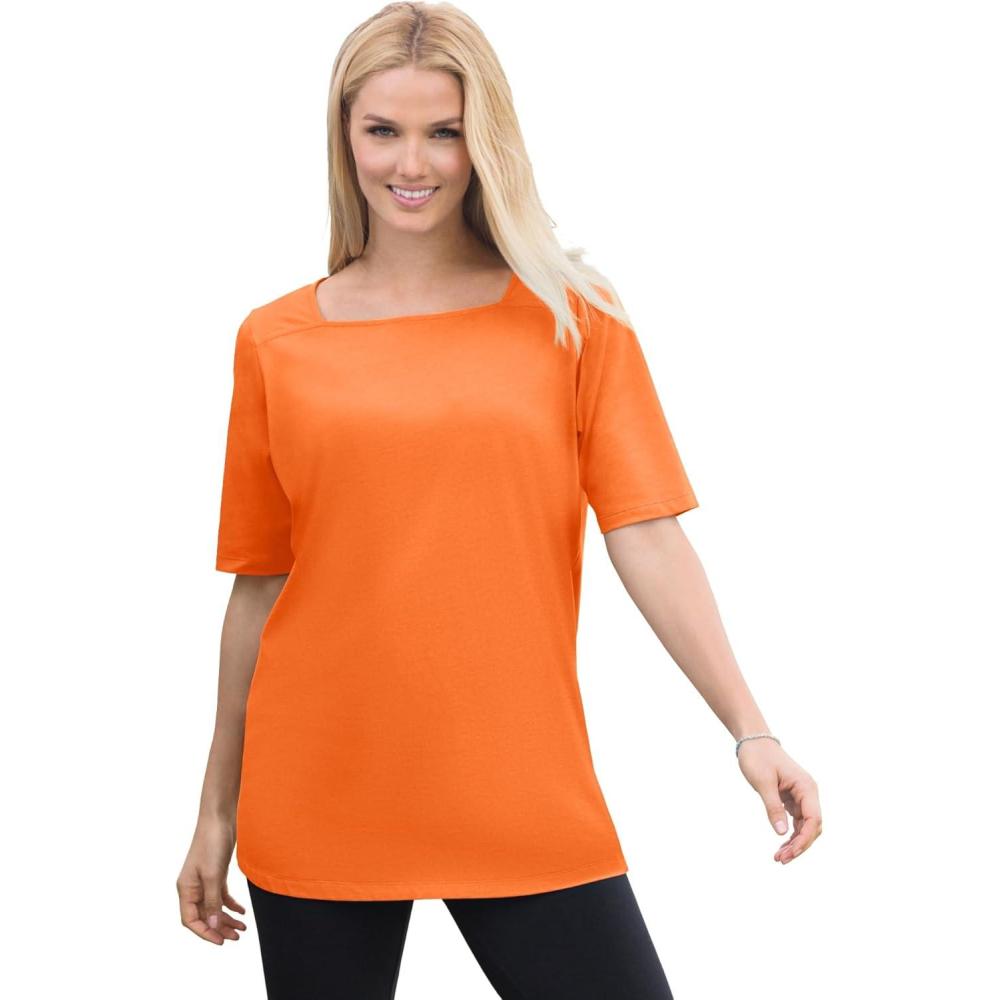 image:imageWoman Within Plus Size Perfect ElbowSleeve SquareNeck TeeOrange Twist