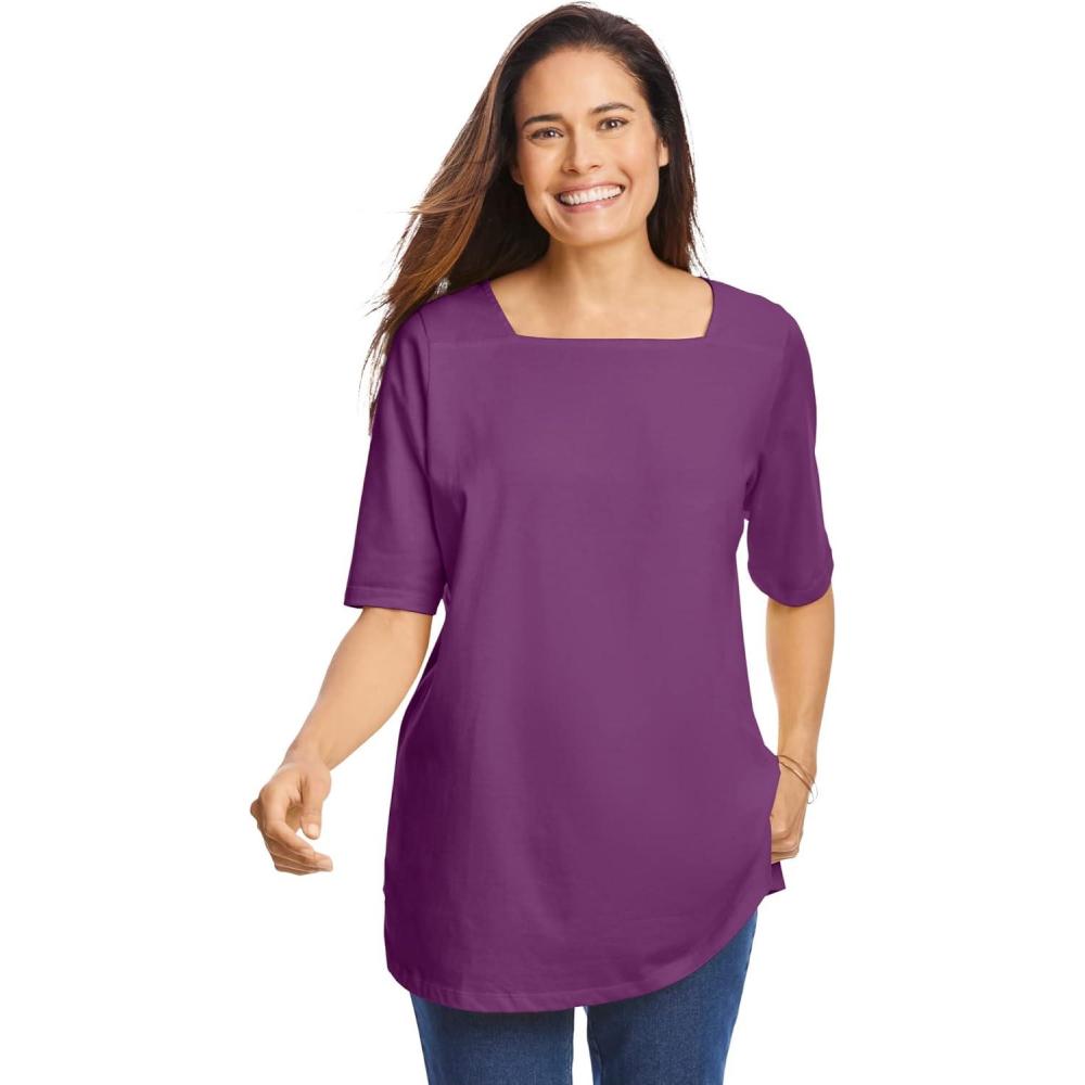 image:imageWoman Within Plus Size Perfect ElbowSleeve SquareNeck TeePlum Purple