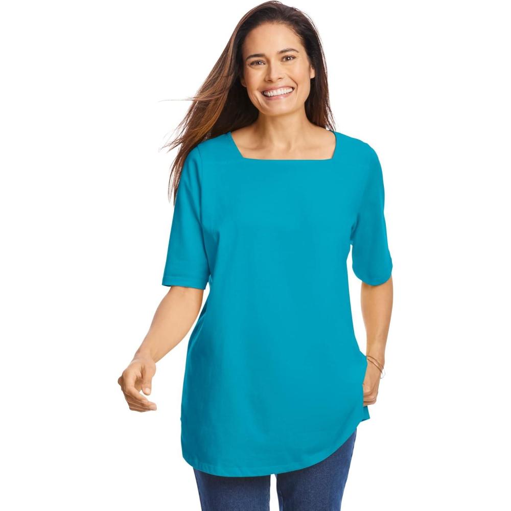 image:imageWoman Within Plus Size Perfect ElbowSleeve SquareNeck TeePretty Turquoise