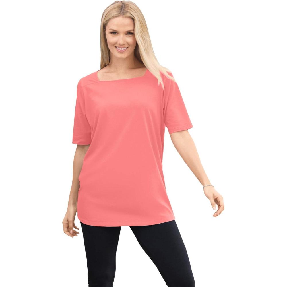 image:imageWoman Within Plus Size Perfect ElbowSleeve SquareNeck TeeSweet Coral