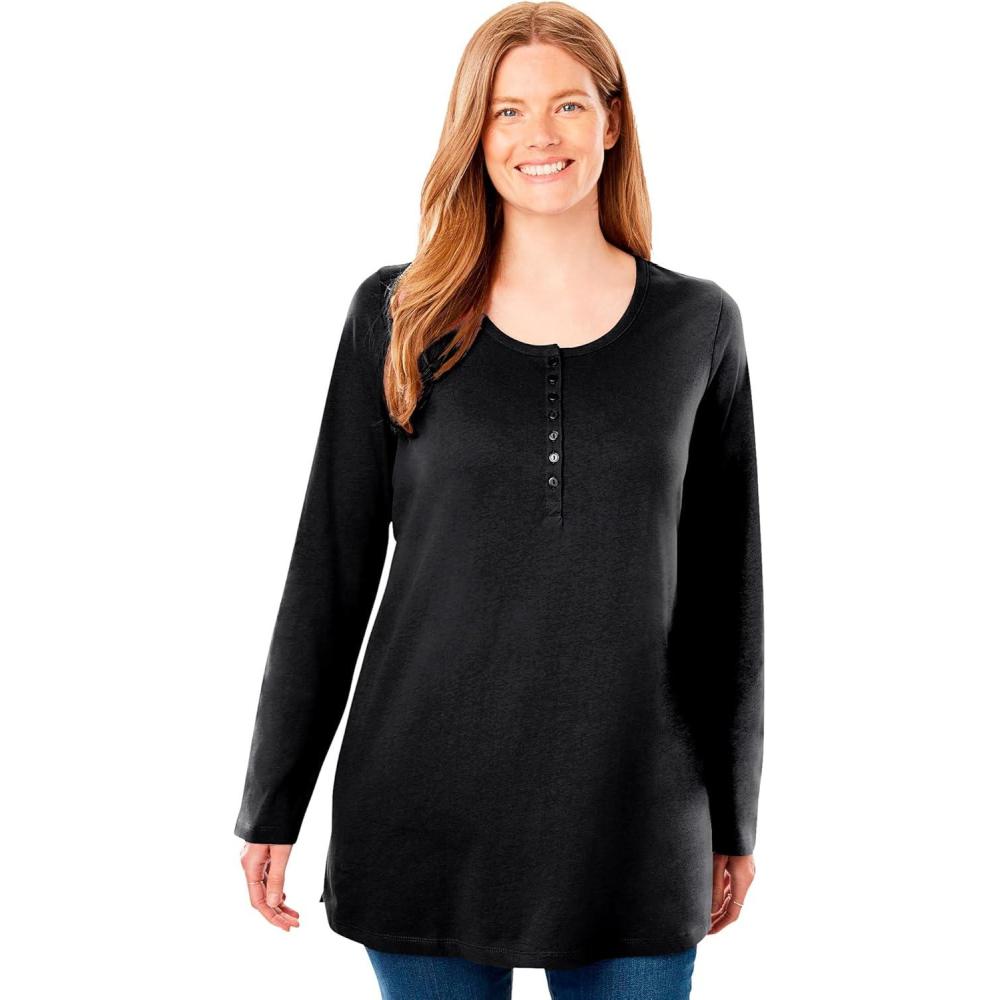 image:imageWoman Within Plus Size Perfect LongSleeve Henley TeeBlack