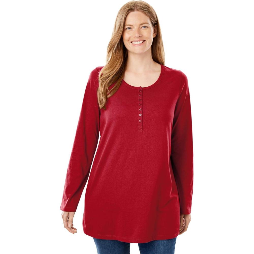 image:imageWoman Within Plus Size Perfect LongSleeve Henley TeeClassic Red