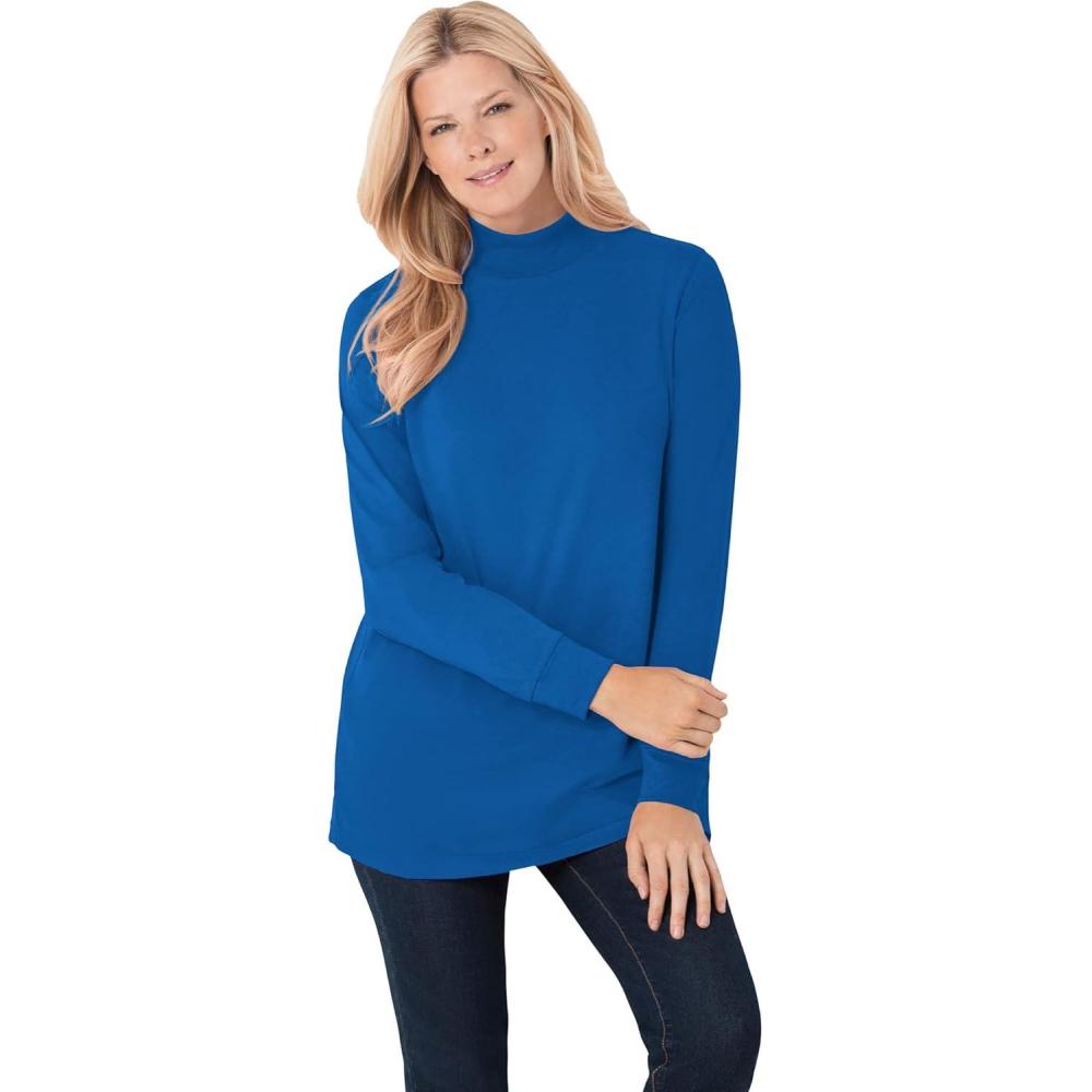 image:imageWoman Within Plus Size Perfect LongSleeve Mockneck Tee Petite AvailableBright Cobalt