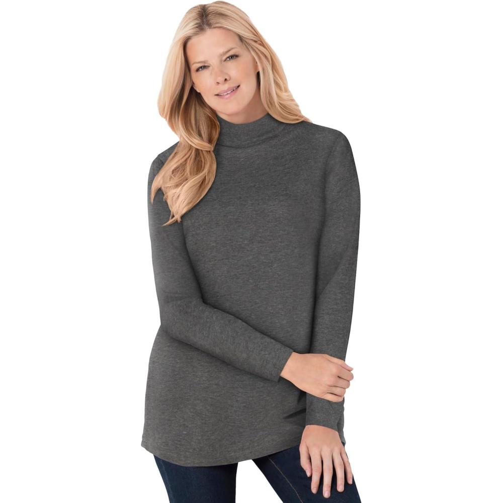 image:imageWoman Within Plus Size Perfect LongSleeve Mockneck Tee Petite AvailableClassic Medium Heather Grey