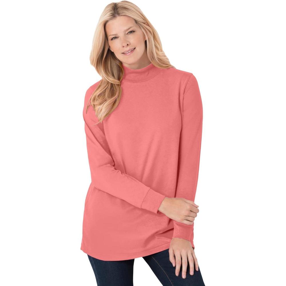 image:imageWoman Within Plus Size Perfect LongSleeve Mockneck Tee Petite AvailableSweet Coral