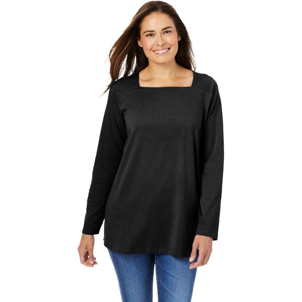 image:imageWoman Within Plus Size Perfect LongSleeve SquareNeck TeeBlack