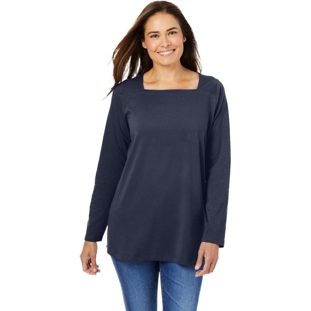 image:imageWoman Within Plus Size Perfect LongSleeve SquareNeck TeeNavy