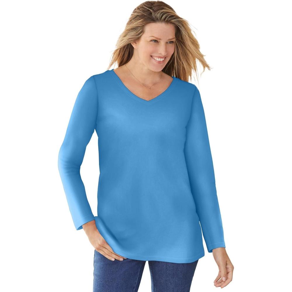 image:imageWoman Within Plus Size Perfect LongSleeve VNeck TeeAzure Blue