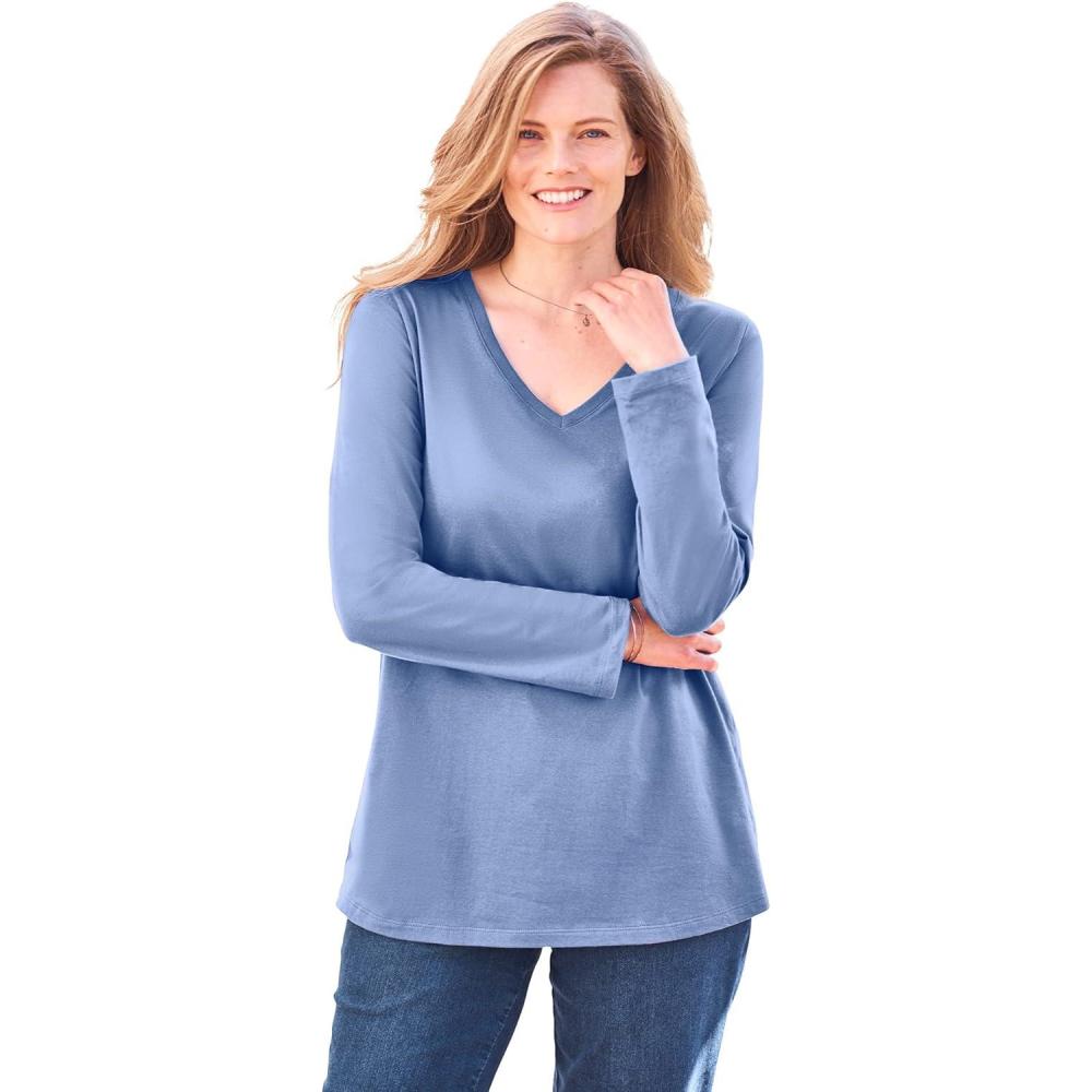 image:imageWoman Within Plus Size Perfect LongSleeve VNeck TeeFrench Blue
