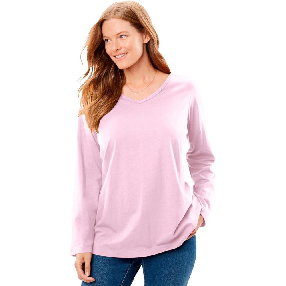 image:imageWoman Within Plus Size Perfect LongSleeve VNeck TeePink