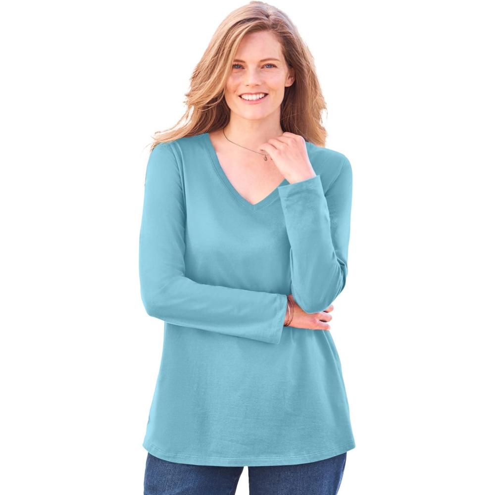 image:imageWoman Within Plus Size Perfect LongSleeve VNeck TeeSeamist Blue