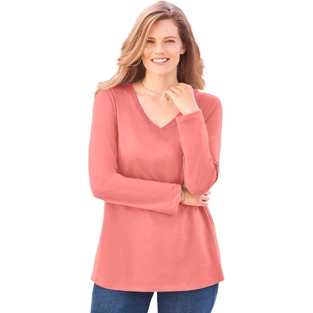 image:imageWoman Within Plus Size Perfect LongSleeve VNeck TeeSweet Coral