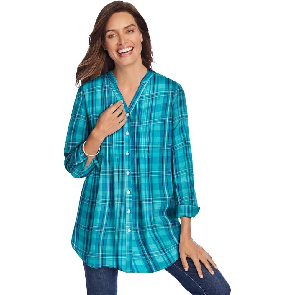 image:imageWoman Within Plus Size Perfect Pintuck TunicAquamarine Plaid