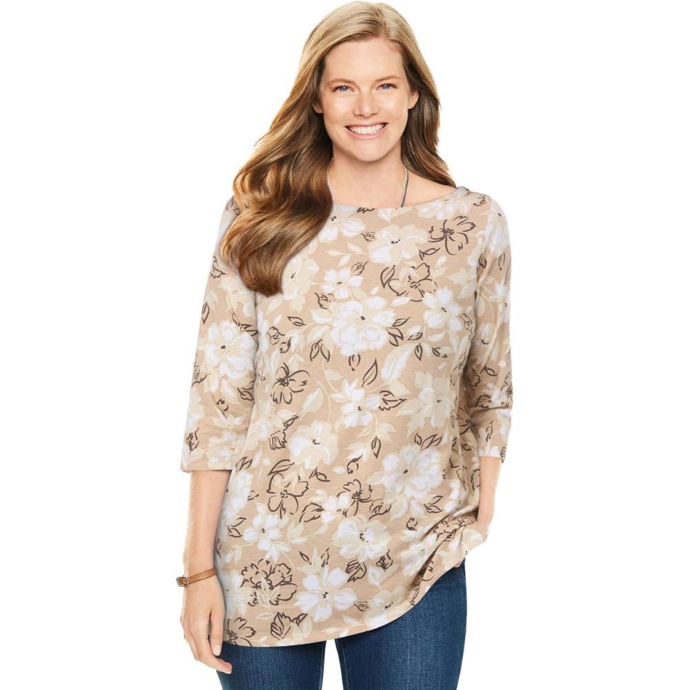 image:imageWoman Within Plus Size Perfect Printed ElbowSleeve Boatneck TeeNew Khaki Bloom