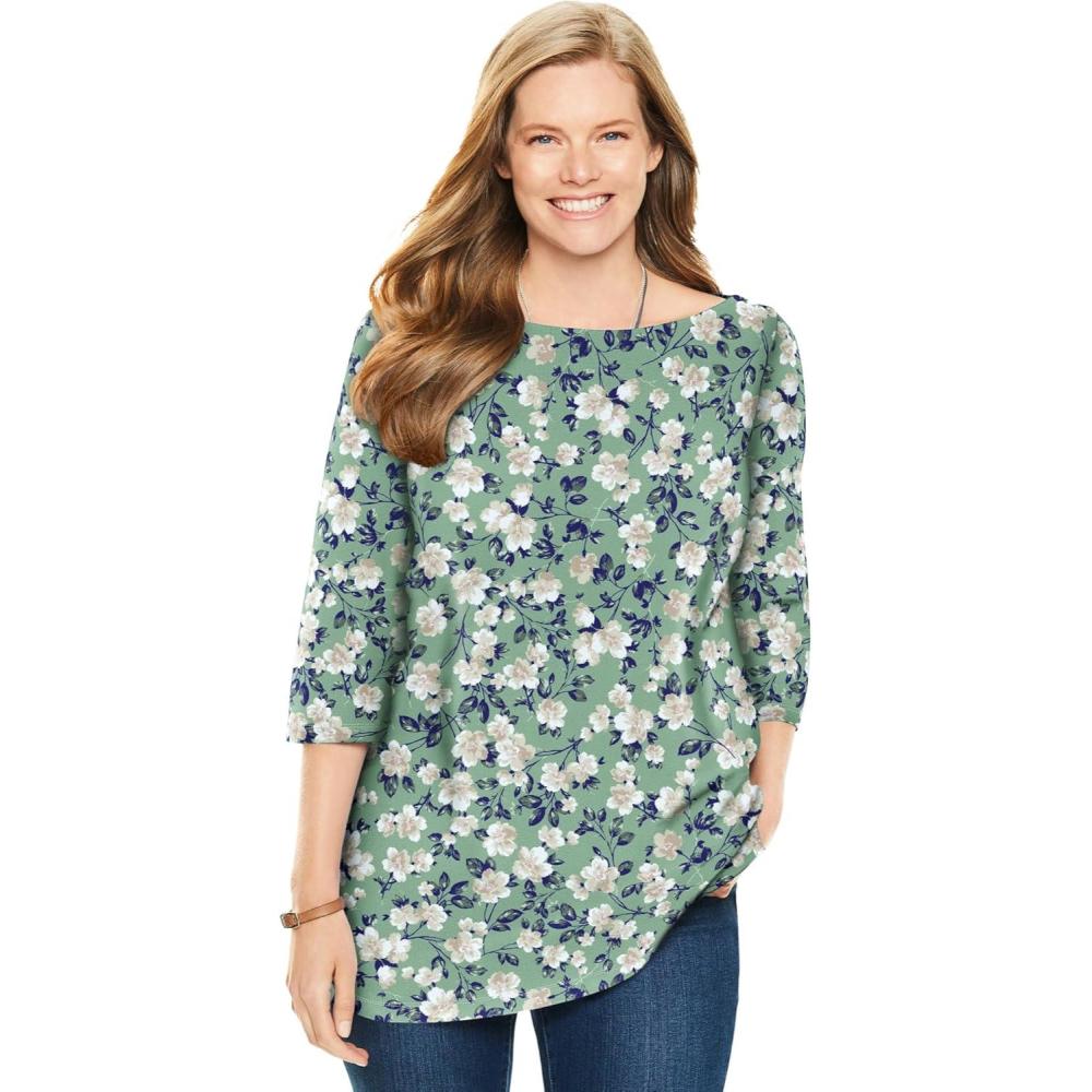 image:imageWoman Within Plus Size Perfect Printed ElbowSleeve Boatneck TeeSage Blossom Vine